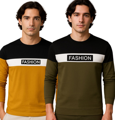 BLENDIX Colorblock Men Round Neck Dark Green, Orange T-Shirt