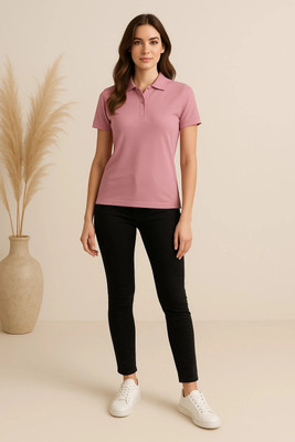Adyavastram Solid Women Polo Neck Blue T-Shirt