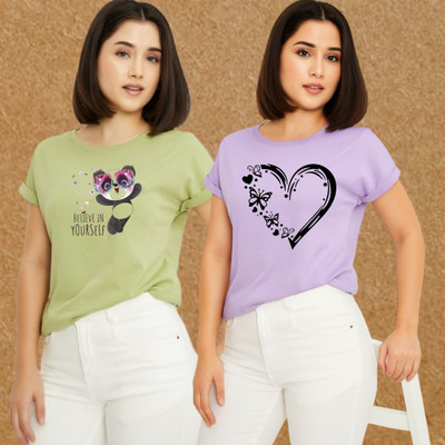 Kasendra Graphic Print Women Round Neck Green, Purple T-Shirt