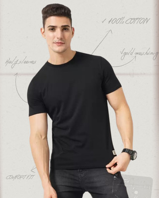 ZULX Solid Men Round Neck Black T-Shirt