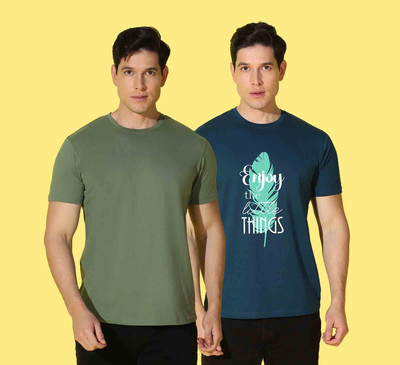 WOOSTRO Solid, Typography Men Round Neck Blue, Green T-Shirt