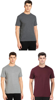 JOCKEY Solid Men Round Neck Grey, Maroon T-Shirt