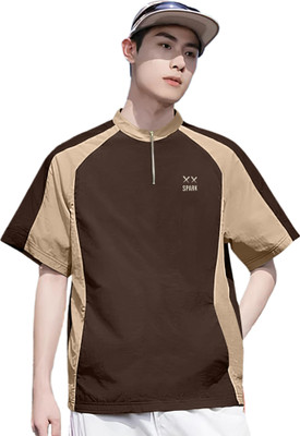 Jump Cuts Colorblock Men Henley Neck Brown, Beige T-Shirt