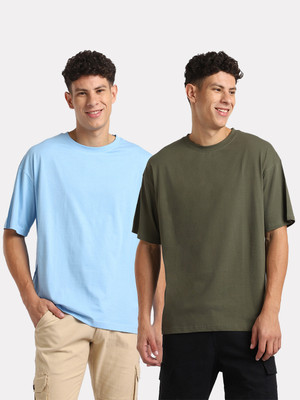 NOBERO Solid Men Round Neck Light Blue, Green T-Shirt