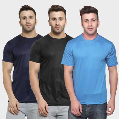 TQH Solid Men Round Neck Dark Blue, Light Blue, Black T-Shirt