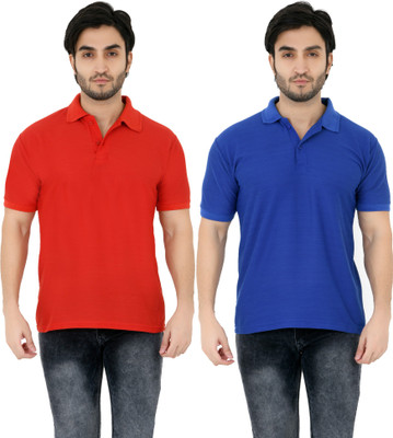 YUALIN CREATION Solid Men Polo Neck Blue T-Shirt