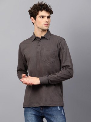 Fleximaa Solid Men Polo Neck Grey T-Shirt