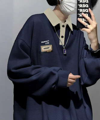 Hackmen Striped Men Polo Neck Navy Blue T-Shirt