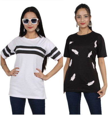 Oishee Printed Women Round Neck White, Black T-Shirt