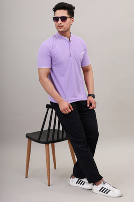 ONE RACE Solid Men Mandarin Collar Purple T-Shirt