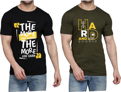 WOOSTRO Printed Men Round Neck Black, Dark Green T-Shirt