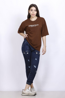 MX Printed Women Round Neck Brown T-Shirt