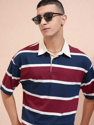 HIGHLANDER Striped Men Polo Neck Blue T-Shirt