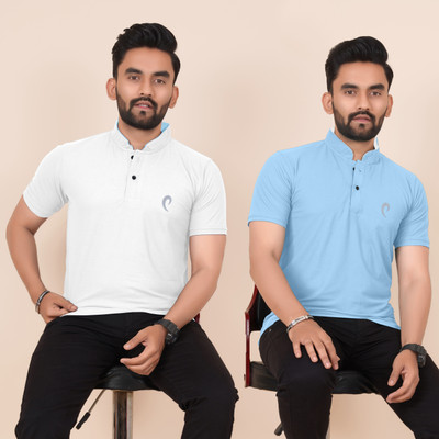 Pio Sports Solid Men Polo Neck White, Blue T-Shirt
