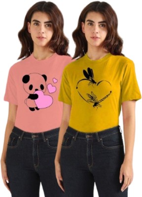 Kintu Parantu Printed Women Round Neck Yellow, Pink T-Shirt