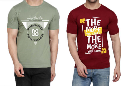 WOOSTRO Printed Men Round Neck Light Green, Maroon T-Shirt