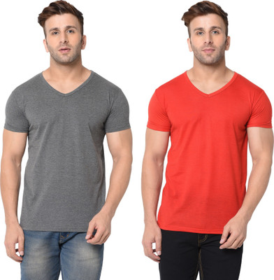 Tresna Trending Solid Men V Neck Red, Grey T-Shirt