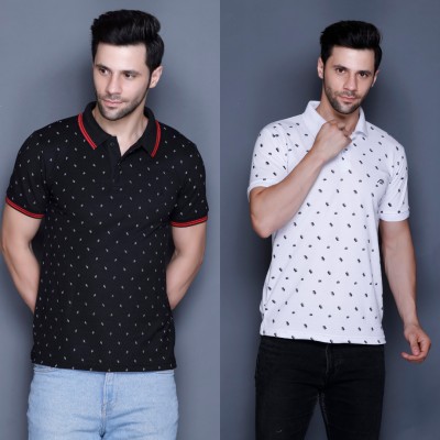 MELLOWMEN Polka Print, Printed Men Polo Neck Black, White T-Shirt