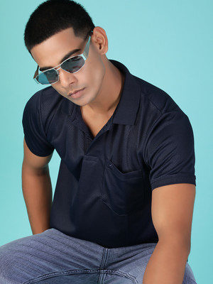 V-MART Self Design Men Polo Neck Blue T-Shirt
