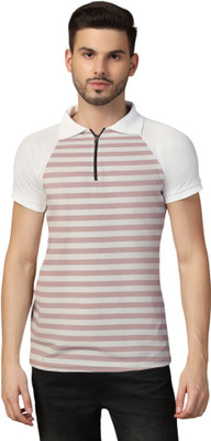 GEUM Striped Men Polo Neck Pink T-Shirt