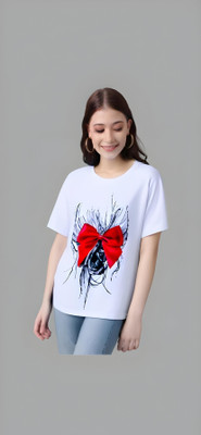 Royal Creations By Rv Printed Women Round Neck White T-Shirt