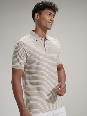 HIGHLANDER Striped Men Polo Neck Beige T-Shirt
