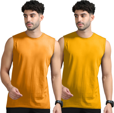 Moordale Solid Men Crew Neck Orange, Yellow T-Shirt