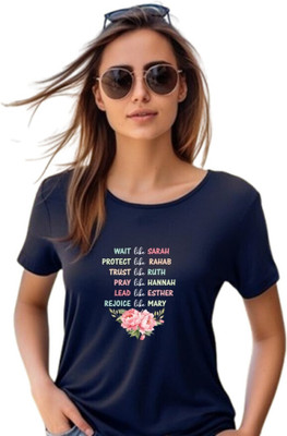 Witty Curlss Printed Women Round Neck Navy Blue T-Shirt