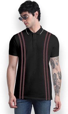 FTX Striped Men Polo Neck Black T-Shirt