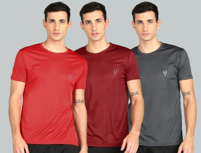 Fricker Solid Men Round Neck Red, Maroon, Grey T-Shirt