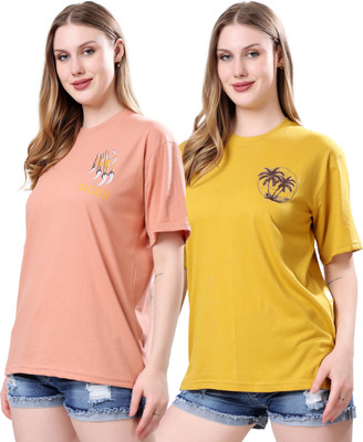 London Hills Graphic Print Women Round Neck Yellow, Orange T-Shirt