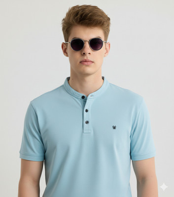 Jai Textiles Solid Men Henley Neck Light Blue T-Shirt