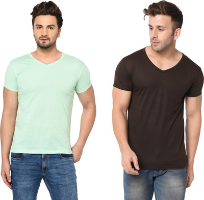 Tresna Fab Solid Men V Neck Black, Light Green T-Shirt