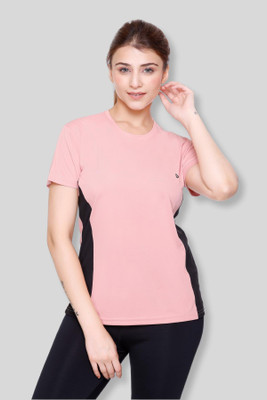 White Moon Colorblock Women Round Neck Pink T-Shirt