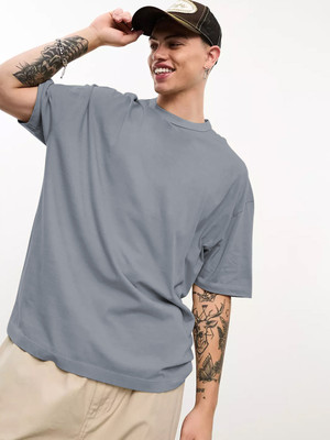 CHKOKKO Solid Men Round Neck Grey T-Shirt