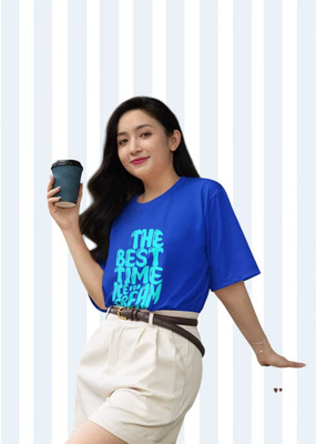 PD CLORI Solid Women Round Neck Blue T-Shirt