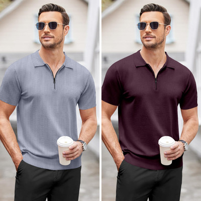 NTIFIC Solid Men Polo Neck Grey, Purple T-Shirt