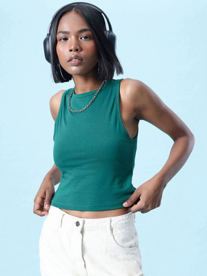 Glitchez Solid Women Round Neck Green T-Shirt