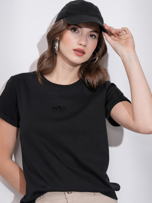 Tokyo Talkies Embroidered Women Round Neck Black T-Shirt
