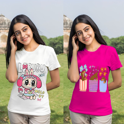 Kintu Parantu Cartoon Women Round Neck Pink, White T-Shirt