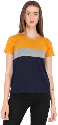 Plyaground Colorblock Women Round Neck Grey, Navy Blue, Yellow T-Shirt