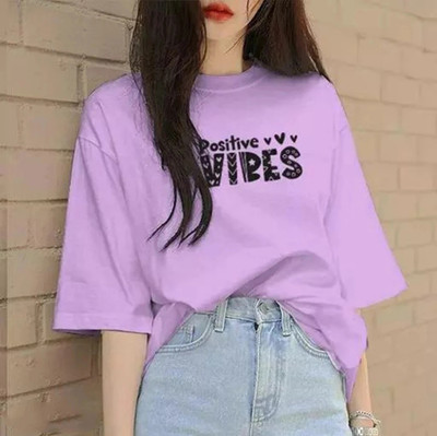 HouseOfCommon Printed Women Round Neck Purple T-Shirt
