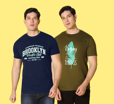 WOOSTRO Printed Men Round Neck Blue, Green T-Shirt