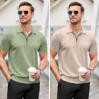 NTIFIC Self Design Men Polo Neck Light Green, Beige T-Shirt