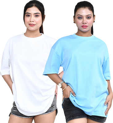 altius Solid Women Round Neck White, Light Blue T-Shirt