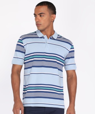 PETER ENGLAND Striped Men Polo Neck Light Blue T-Shirt