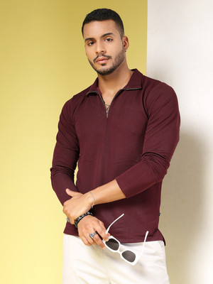 RIGO Solid Men High Neck Red T-Shirt