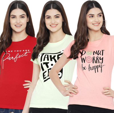 Fabflee Printed Women Round Neck Red, Pink, Light Green T-Shirt