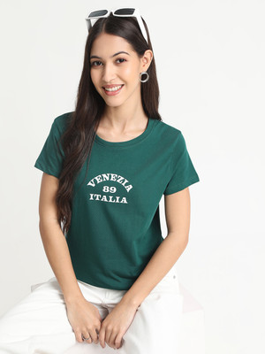 R&B Printed Women Round Neck Green T-Shirt