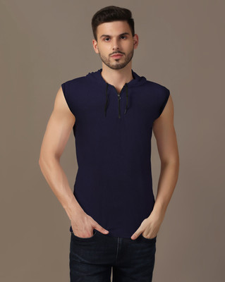 GEUM Solid Men Hooded Neck Navy Blue T-Shirt